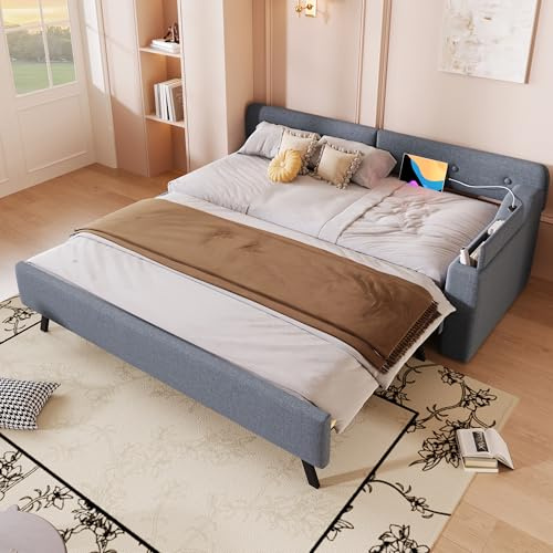 WIZBED Tagesbett 90x200 Sofabett mit USB und Klappstaufach, Polsterbett Schlafsofa mit Lattenrost, Gästebett, Ausziehbar zum Doppelbett, Daybett, ohne Matratze,Grau