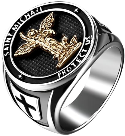 Flongo St. Michael Erzengel Ring für Herren: Edelstahl kreuz Schutzpatron Schild Siegelring - Katholische Medaille Amulett Schmuck - Religiöses Geschenk - Größe 57