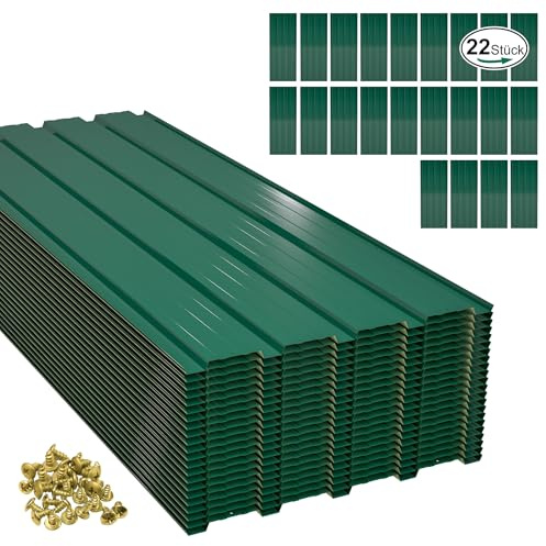 Thanaddo 22x Trapezblech Profilblech, 10.12m² Dachblech mit Schraube für Gerätehaus, Dachplatten Verzinkter Stahl 0,25mm, inkl. 200 Schrauben, Legierter Stahl, Grün