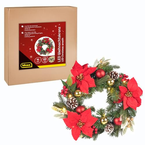 Idena 31902 - LED Weihnachtskranz mit 15 LED in Warmweiß, ca. 40 cm, Adventskranz mit Schmuck in Rot-Gold, Weihnachtsdeko für Innen, batteriebetrieben mit Timer