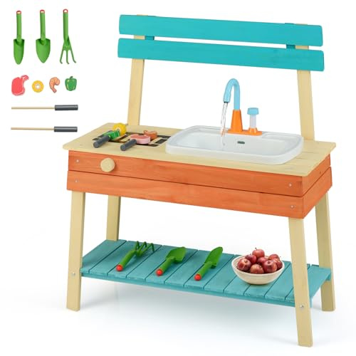 COSTWAY Matschküche Kinder Outdoor, Kinderküche Holz mit Wasserhahn & Grill, inkl. Holzspießen, Lebensmitteln & Gartenzubehör, Outdoorküche für Kinder ab 3 Jahren