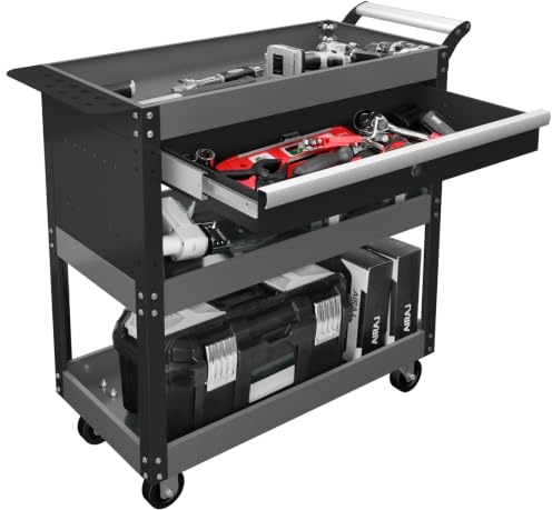 AIRAJ 3 Tier Rolling Tool Cart,Mechanic Tool Cart on Wheels,Industrial Utility Cart with Drawers and Pegboard,440 LBS Capacity Tool Storage Cart for Garage,Warehouse,Black