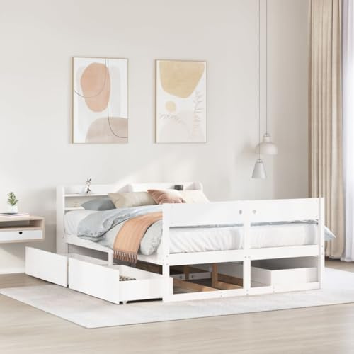 Zeehear White Solid Pine Wood Bed Frame with Headboard, 140x190 cm Full Size Platform Bed, 4 Storage Drawers, Plywood Slats, Freestanding, Durable Bedroom Furniture