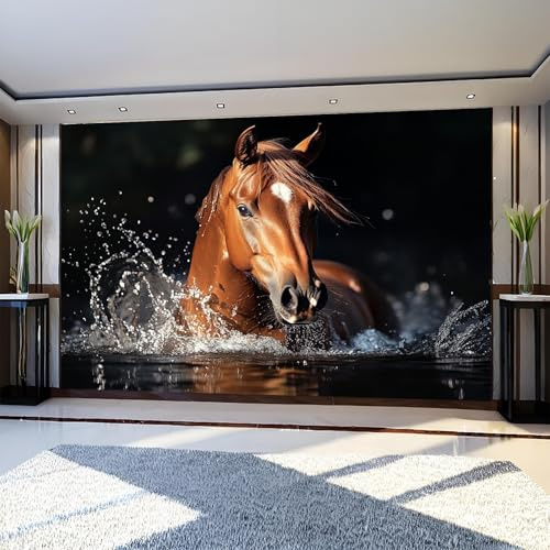 Fotomural Animales en el agua caballos 300 x 210 cm Marrón Papel Pintado Fotográfico Tejido No Tejido para Sala, Dormitorio u Oficina
