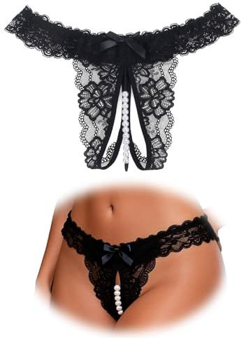 comeondear Tanga Abierto para Mujer de Encaje Bragas Abertura con Perlas Talla Grande Tangas Abierta de Cintura Baja Thong String Ropa Interior Sexy Lenceria Atrevida Transparente Cómodo Lazos