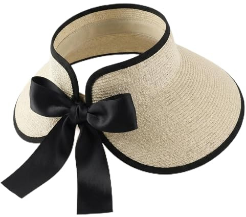 ZJEEACO Sun Hats for Women UK, Open-top Straw Visor Hat, Raffia Ladies Sunhat with Wide Brim, Summer Floppy Hats for Women Outdoor UV Protection, Leisure Beach Bucket Hat with Bowknot (Beige)