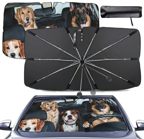 Parasol Parabrisas Delantero para Coche, Parasol Coche Paraguas 140 x 79 cm, Paraguas Plegable para Coche, Anti UV Rayos,Eje Giratorio de 360° Protege tu Coche de arañazos (Perro)