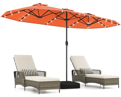 COSTWAY Parasol de Jardin Exterieur avec Pied 4 x 2 m avec LED (Orange) | Parasol Double Rectangulaire avec Manivelle, 2 Sacs de Sable, 8 Personnes, Protection Solaire, pour Terrasse, Patio