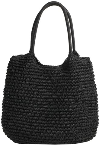 Bolso Tote Grande para Mujeres, Estilo Vintage y Diseño Atemporal en Bazar de Paja, Bolsa de Hombro en Color Sólido, Perfecta para Viajes, Vacaciones y Compras de Verano