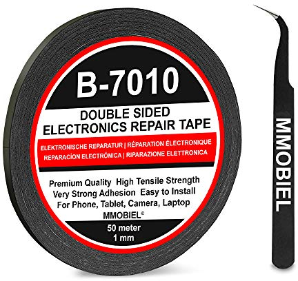 MMOBIEL Nastro Biadesivo 1mm, Rotolo da 50m - Nastro di Montaggio Nero con Forte Adesivo Acrilico per Riparazione di Display LCD, Vetro, Schermo, Telefono, Tablet, Laptop - Inclusa Pinzetta