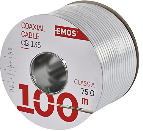 EMOS Cavo Coassiale CB135, 100 m, Universale RG6, Schermatura 110 dB, 75 Ω, PVC Bianco, Per TV e SAT, 1 Unità