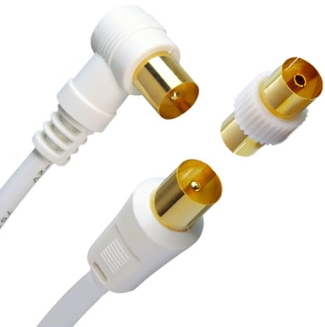 Slick Linc 10M TV Aerial Cable Extension Satellite Cable with Male-to-Male Coaxial Connection, RF Adaptor and Right Angle Connector Gold Plated - White