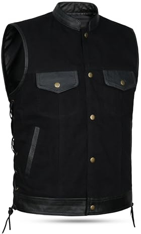 Leatherick SOA Mens Biker Vest - Snörningssida läder denim trim väst - svart - M
