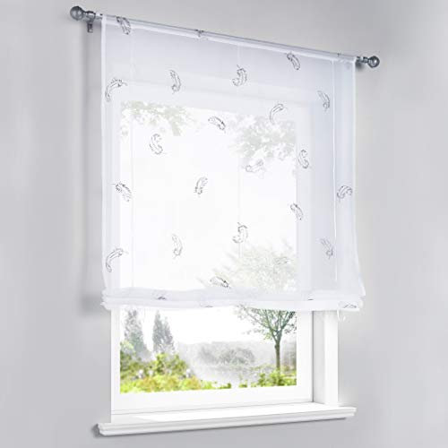 Yujiao Mao Voile Raffrollo mit gestickte Federmotiv Bändchenrollo mit Tunnelzug transparente Gardine BxH 80x140cm Hellgrau 1er Pack
