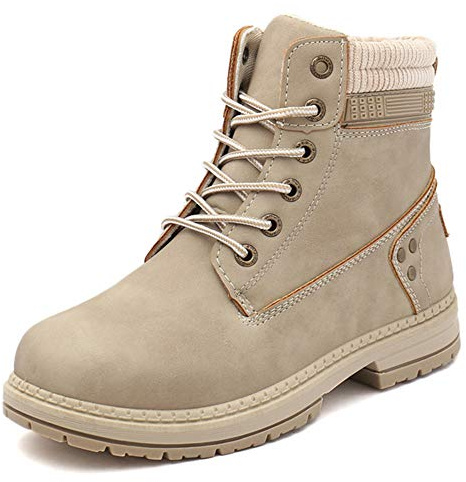 Athlefit Women's Work Waterproof Hiking Combat Boots Lace up Low Heel Booties Ankle Boots Size 7 Khaki