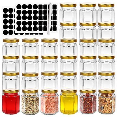 3 oz Hexagon Glass Jars with Golden Lids. 90 ml Canning Jars Containers for Spice Jam,Jelly, Wedding Favors, Honey And More. Set of 30 Pack.Include 1 Chalk Pen and 80 Labels.