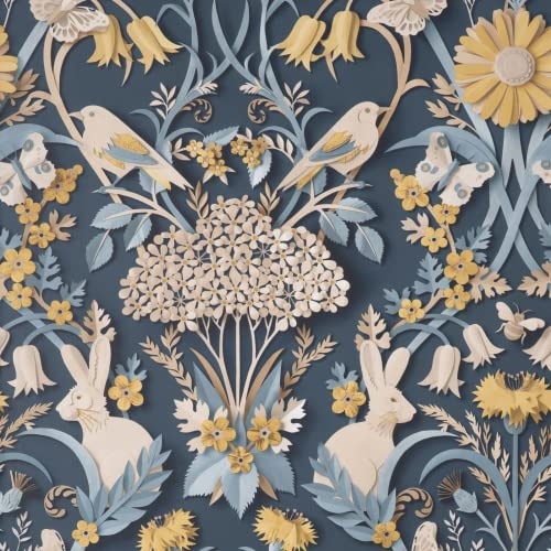 ** Sample Fine Decor Navy Rabbit Butterfly Luxury Woodland Paste The Paper Wallpaper