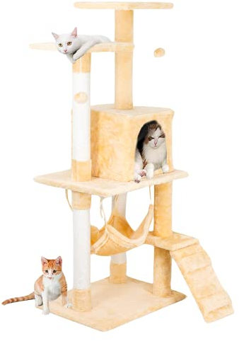 Edipets, Rascador para Gatos, Arbol Gato, 3 Niveles, 56x120x58cm, Alto, Postes de Sisal, Hamaca, con Cama, Caseta, Suave, con Bolas para Jugar (Beige)