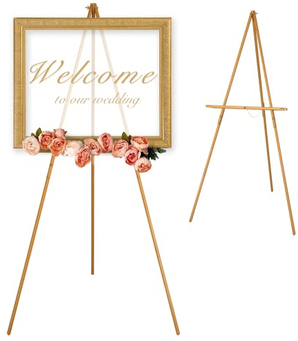 VISWIN 160cm Dreibein Staffelei Holz Groß, Faltbare Staffelei Groß für Hochzeit, Schilder, Poster, A-Rahmen Leinwand Ständer mit Tablett für Malen, Leinwand – Gold