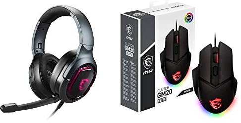 MSI IMMERSE GH50 Gaming Headset - Kopfhörer 7.1 Virtual Surround Sound & Clutch GM20 Elite Gaming-Maus - 6.400 DPI Optischer Sensor, rechtshändig, 20Mio+ Click OMRON-Switches
