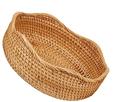 Whalehub Corbeille à fruits ronde en rotin naturel, paniers de service décoratifs tissés à la main, panier de rangement en osier pour salle à manger (vague moyenne)