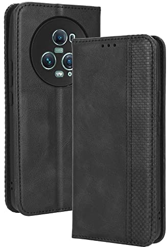 RonRun Honor Magic5 Pro Hülle Flip PU Leder Magnet Handyhülle mit Wallet Case Klappen Ständer Stoßfest Schutzhülle Kompatible für Honor Magic 5 Pro 5G, schwarz