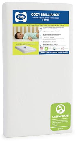 Sealy Baby Cozy Brilliance Breathable Crib Mattress, GREENGUARD GOLD Certified, Made in USA, Firm Dual Firmness, Toddler Bed Fit, Rayon, Waterproof, Non Toxic, Washable Zip Cover, 52” x 28