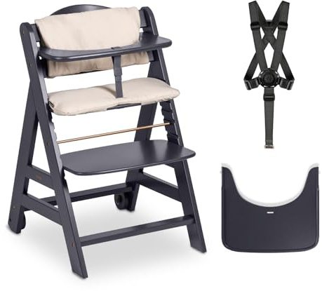 Hauck Barnstol Beta+, barnstol som växer med trä (FSC-certifierad), barnstol från 6 månader med sittkudde, matbräda och skyddsbygel, 5-punktsbälte och grenrem (Dark Grey)