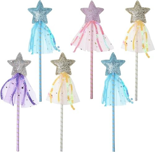 BLMHTWO 6 Stück Zauberstab，Zauberstab Kinder Stern Zauberstab Fee Zauberstab Glitzer KostüM Requisiten für Cosplay, Geburtstagsfeiern, Karneval (Rosa, Lila, Gold, Blau)