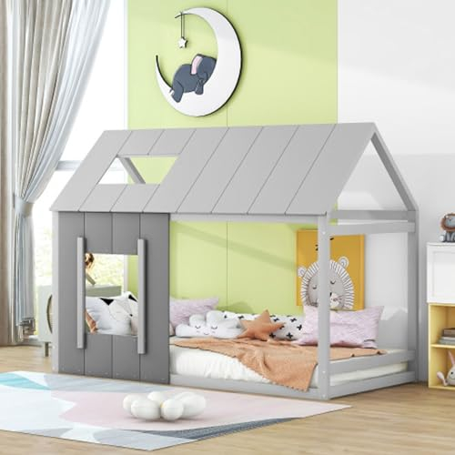 Tcewhhy Kinderbett 90x200 cm Hausbett Mit Dach Und Fenster Bodenbett Mit Lattenrost Jugendbett Für Kinder Jugendliche Für Kinderzimmer Schlafzimmer Grau