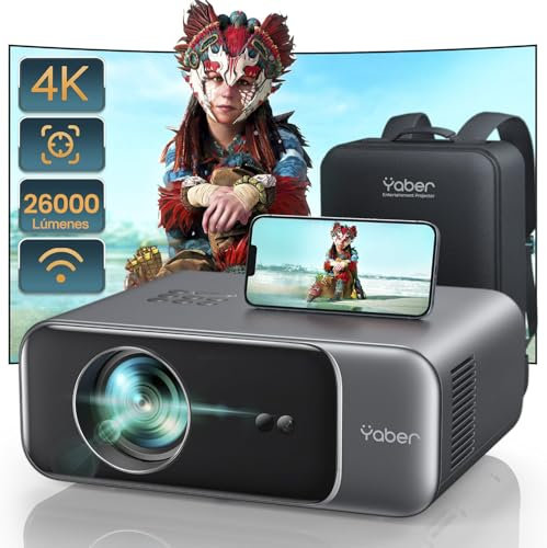 【Auto Focus/Keystone】 4K WiFi6 Bluetooth, YABER Proyector Full HD 1080P Nativo Proyector 4K Soporte, Proyector Portátil Cine en Casa/Exterior para Movil/PC/TV Stick/PS5 HDMI USB