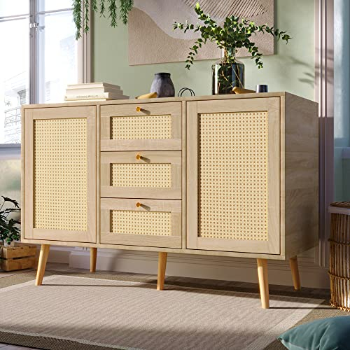 Becag Sideboard Kommode mit 2 Türen und 3 Schubladen, Küchenschrank Buffetschrank Beistellschrank Aufbewahrungsschrank Anrichte Cabinet für Wohnzimmer Schlafzimmer, 120x82x40 Rattan Sonoma Eiche Farbe
