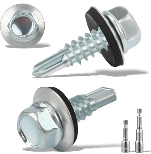Lot de 240 vis à tôle trapézoïdale auto-taraudeuses avec rondelle d'étanchéité 4,8 x 16 mm + 2 douilles hexagonales M8 Vis étanches galvanisées Vis de toit en métal (argentées)