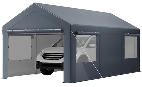 GarveeLife 10x20FT Heavy Duty Carport, Tragbare Garage mit Seitenwänden, Türen und belüfteten Fenstern, UV-beständig und wasserdicht, Carport Markise für Auto, Fahrrad, Boot, Party (Grau)