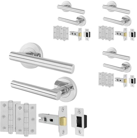 EAI Polished Chrome Door Handles with Latches and Hinges, 4 Pack - Oliena | Complete Latch Kit with 4 Pairs of T-Bar Door Handles, 64mm Latches, 76mm Hinges, Fixings Included