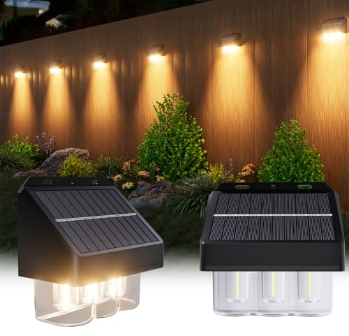 BITPOTT Solar Wandleuchte Aussen 6 Stück,Solarlampen für außen wand IP67 Wasserdicht, Solar zaunleuchten für außen 3 Birnen, zaunbeleuchtung solar wandleuchten Warmweiß für Veranda Garage Zaun