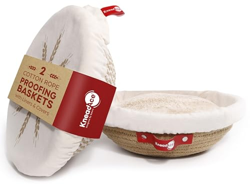 KneadAce Cotton Rope Banneton Bread Proofing Basket Set, 2 x Round Bread Basket with Liners & Covers for Artisan Bread Baking, Sourdough Bread Baking Supplies