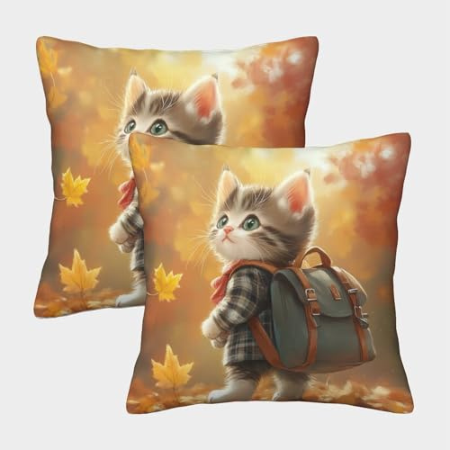 CTAMM 2er-Pack Kissenbezug 50x50cm Deko-Kissenbezug Cute Kätzchen Deko-Kissenbezug Warm Herbst Deko-Sofa-Kissenbezug Mit Muster Passend Für Sofa Wohnzimmer Balkon Garten Auto