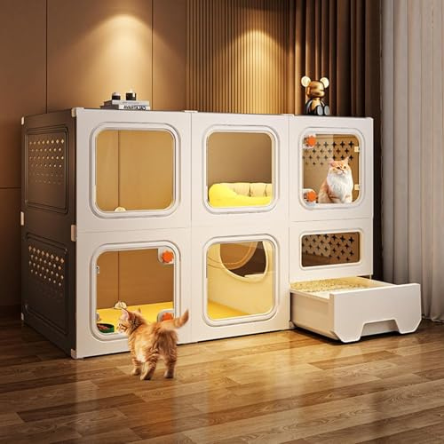 Recinto Per Gatti Da Interni Di Grandi Dimensioni, Cuccia Per Gatti Catio A 2 Livelli Con Finestre Trasparenti E Serrature A Pomello, Condominio Recintato Multifunzional(Size:70*45*105cm,Color:Grigio)
