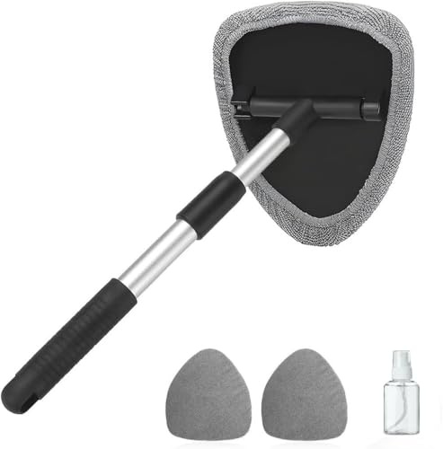 Audflay Windschutzscheiben Reinigungswerkzeug mit 3 Mikrofaser Pads | Ausziehbar, 180° drehbarer Kopf, Mit Flasche, Universal für Auto Innen & Außen, Haushalt