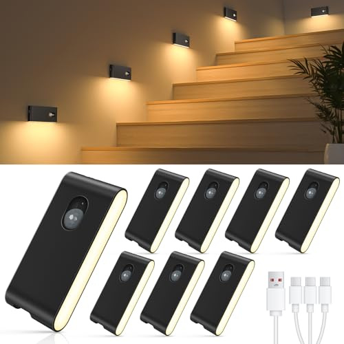 WILLED Led Nachtlicht mit Bewegungsmelder, 8 Stück Treppenlicht, Aufladbar USB Nachtlicht mit 3 Modi (Auto/ON/OFF), für Treppe, Schlafzimmer, Küche, Flur, Badezimmer