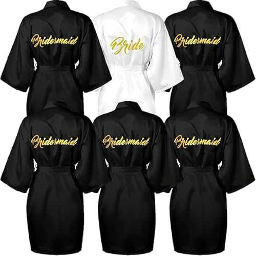 MALLOOM Lot de 6 Peignoirs de Mariage en Satin – 1 Blanc Bride & 5 Noirs Bridesmaid – Robes de Chambre Soyeuses avec Broderie Dorée – Tenue de Préparation pour Mariée et Demoiselles d'Honneur