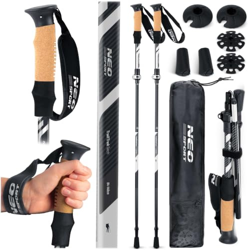 Neo-Sport Walking Stöcke Wanderstöcke Mit Korkgriff Aluminium Teleskop Verstellbar Faltbar 85-130 cm 2 Stück Schwarz Grau