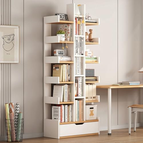 HYUFEIAO Libreria a forma di albero bianco aperta con dispositivo anti-ribaltamento, mensola decorativa in legno alta con cassetti per casa e ufficio (50 x 18 x 141 cm)