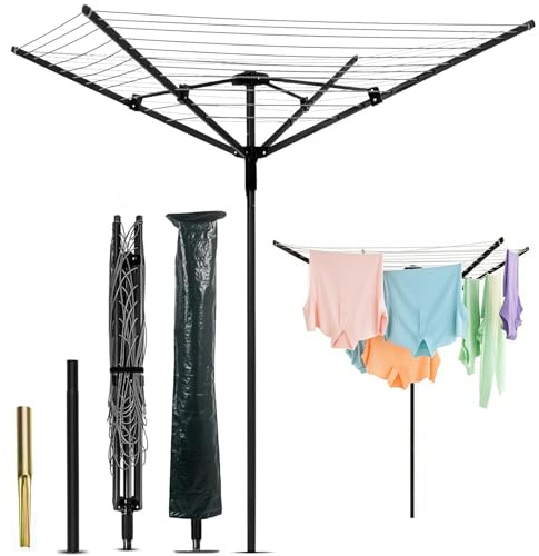 uyoyous Séchoir Parapluie avec Corde à Linge de 50 m, Séchoir à Linge Rotatif à 4 Bras, Étendoir à Parapluie d'extérieur Robuste, avec Manchon de Sol et Housse de Protection, pour Jardin