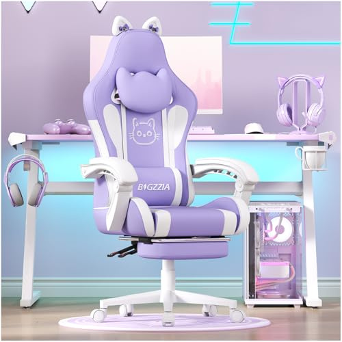 Bigzzia Gaming Chair Cute with Cat Ears and Massage Lumbar Support, Ergonomic Computer Chair for Girl with Footrest and Headrest (Purple)