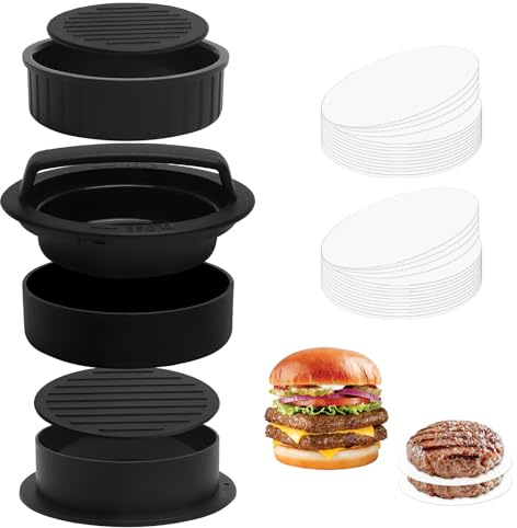 Burgerpresse Set, 3-in-1 Patty Maker for Hamburger, Hamburgerpresse Patties Maker, Bürgerpresser, Meatball & Rice Balls, Includes 100 Non-Stick Burger Papers, Compact Storage, Easy to Clean, BPA-Free