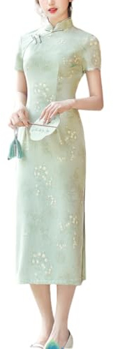 Robe Chinoise Qipao En Lin pour Femme, Style Rétro Élégant, Manches Courtes, Style Midi, Style Cheongsam, pour Occasions Spéciales, Cocktail, Robe Vintage, pour Mariage, Thé, Vert Clair, Taille