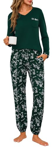 Jahetuul Pyjama Femme Hiver à Manches Longues Coton à Col en V Confortable et Décontracté avec Pantalon à Cordon de Serrage avec Poches Vêtement D'Intérieur