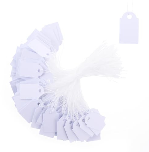 LXUEJIE 500 Stück Preisschilder Weiße, 25x15 mm Kleinen Preisetiketten Geschenkanhänger Hängeetiketten Anhänger Papier Etiketten mit Schnur Display-Etikett für Produkt-Schmuck-Kleidungs-Anhänger